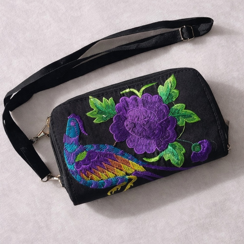 Embroidered Peacock Crossbody / Wallet Bag – Black Purple Floral Travel Festival